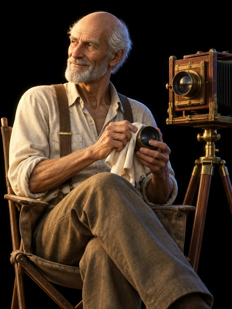 Felix Brandt, fotografer tua berjanggut putih, duduk di kursi lipat kanvas sambil menggosok lensa di samping kamera kayu bertripod kuningan.