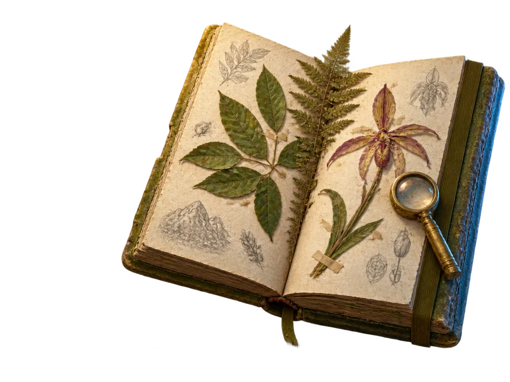 Herbarium Inés terbuka: daun-daun pipih, anggrek yang dipres dan ditahan selotip kertas, pakis kering, dan kaca pembesar kuningan di halaman kanan.