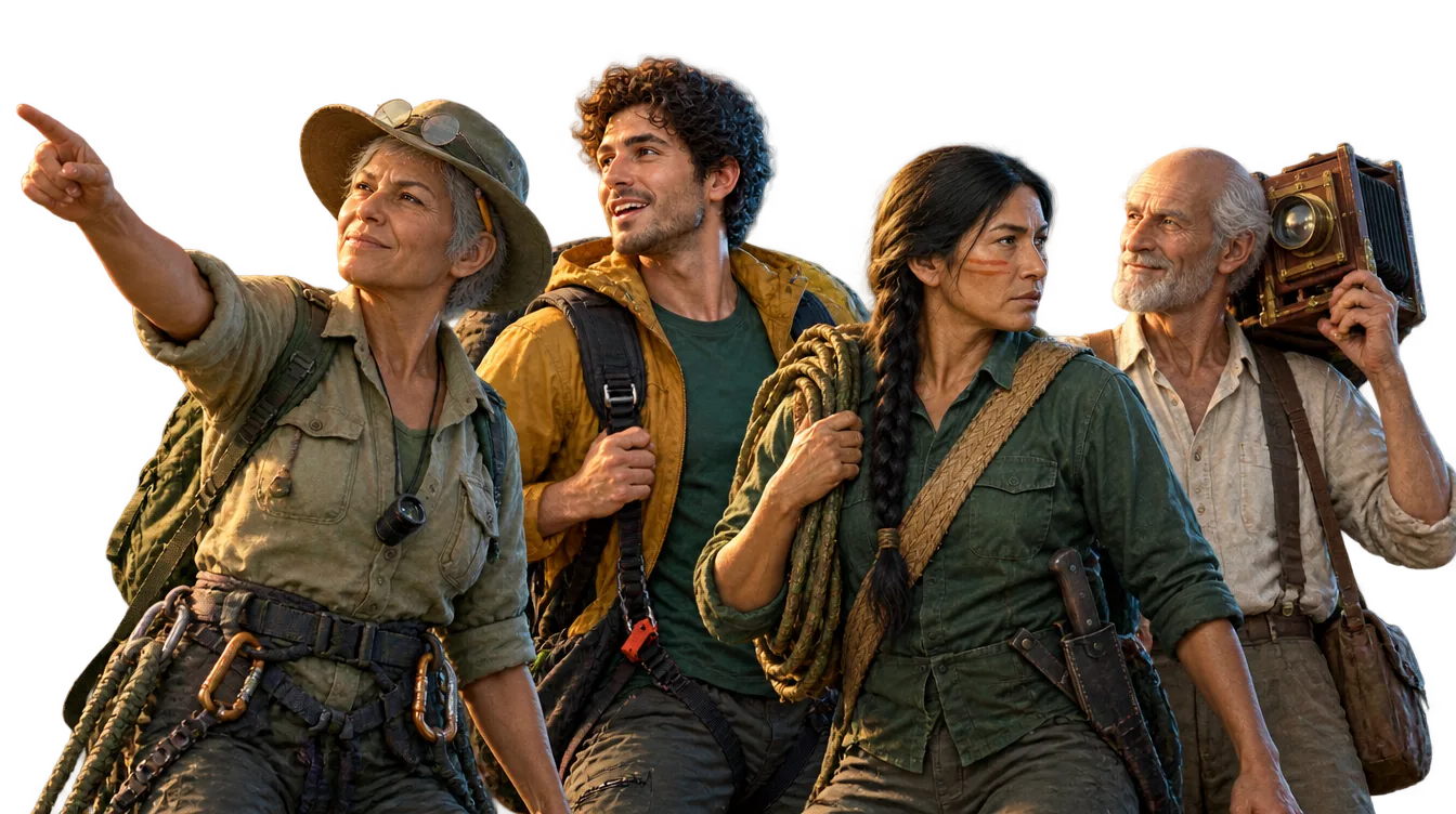 Party ekspedisi berdiri bersama: Inés menunjuk ke kiri, Tomás, Wakü dengan tali akar, dan Felix memanggul kamera kayu.