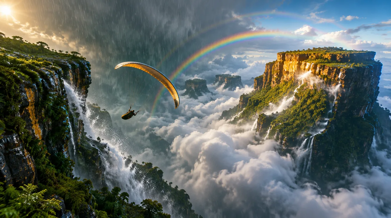 Paralayang oker menikung di antara dua tepui, hujan badai di kiri, pelangi ganda di atas lautan awan.