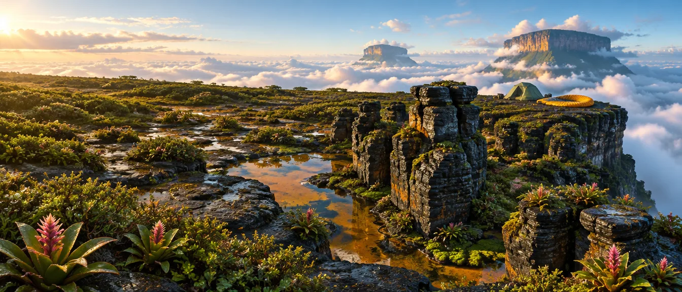Puncak tepui datar penuh menara batu pasir hitam dan kolam oker, tenda kecil dan paralayang terlipat di bibir tebing, lautan awan di kejauhan.